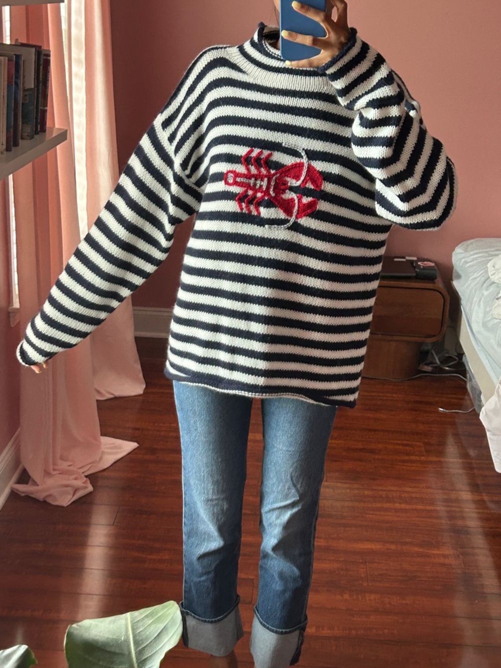 Handmade Navy and White Knit Sweater with Red Lobster Motif from Newport, RD
